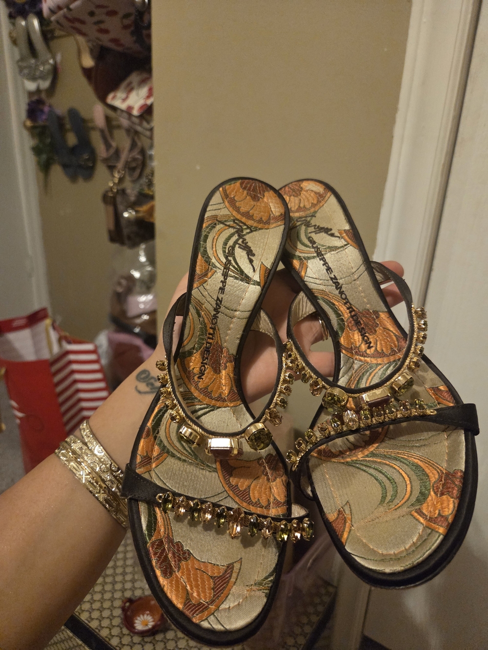 Giuseppe Zanotti Black and Gold Crystal-Embellished Heeled Sandals - Picture 5 of 8